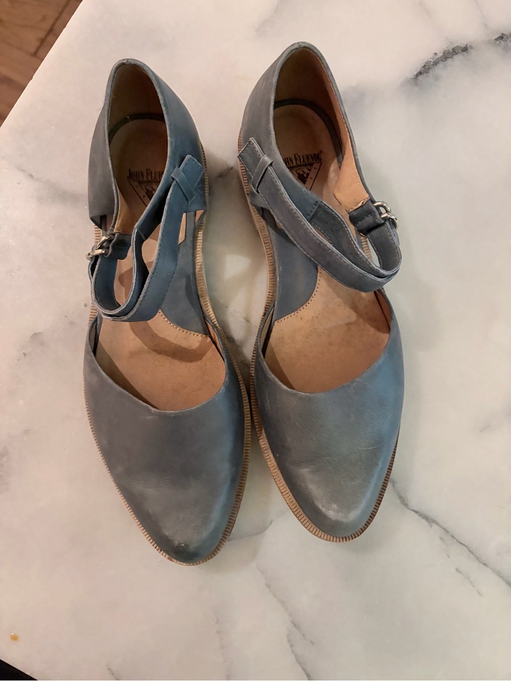 John Fluevog Slate Blue Leather Ankle-Strap Flats